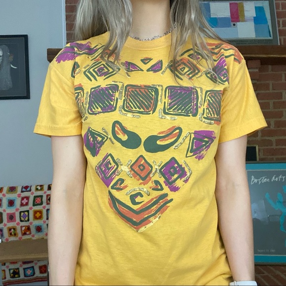 Vintage Tops - Vintage 90s River Stone Abstract Art Print Metallic USA Made Graphic T-S…